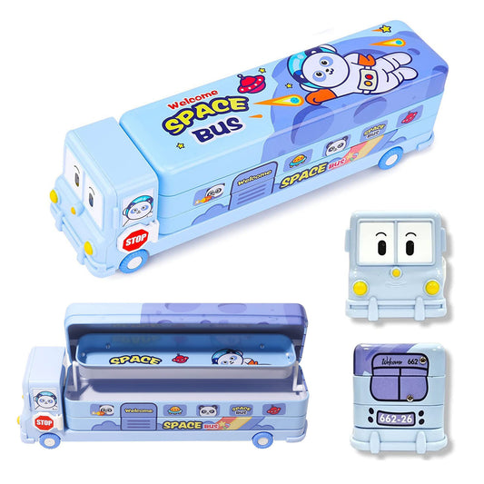 Metal Space School Bus Shape Pencil Box Double Compartment