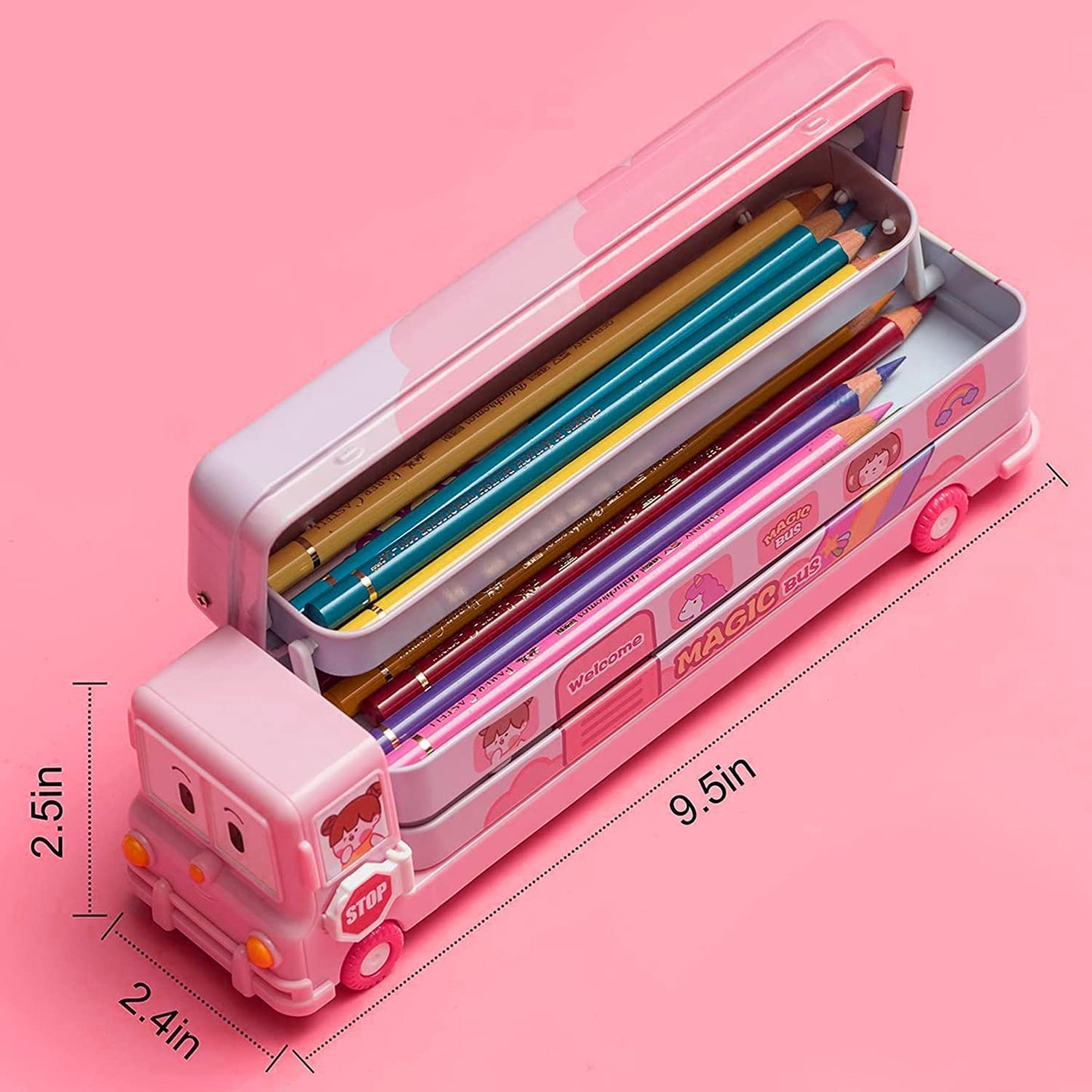 Metal Space School Bus Shape Pencil Box Double Compartment