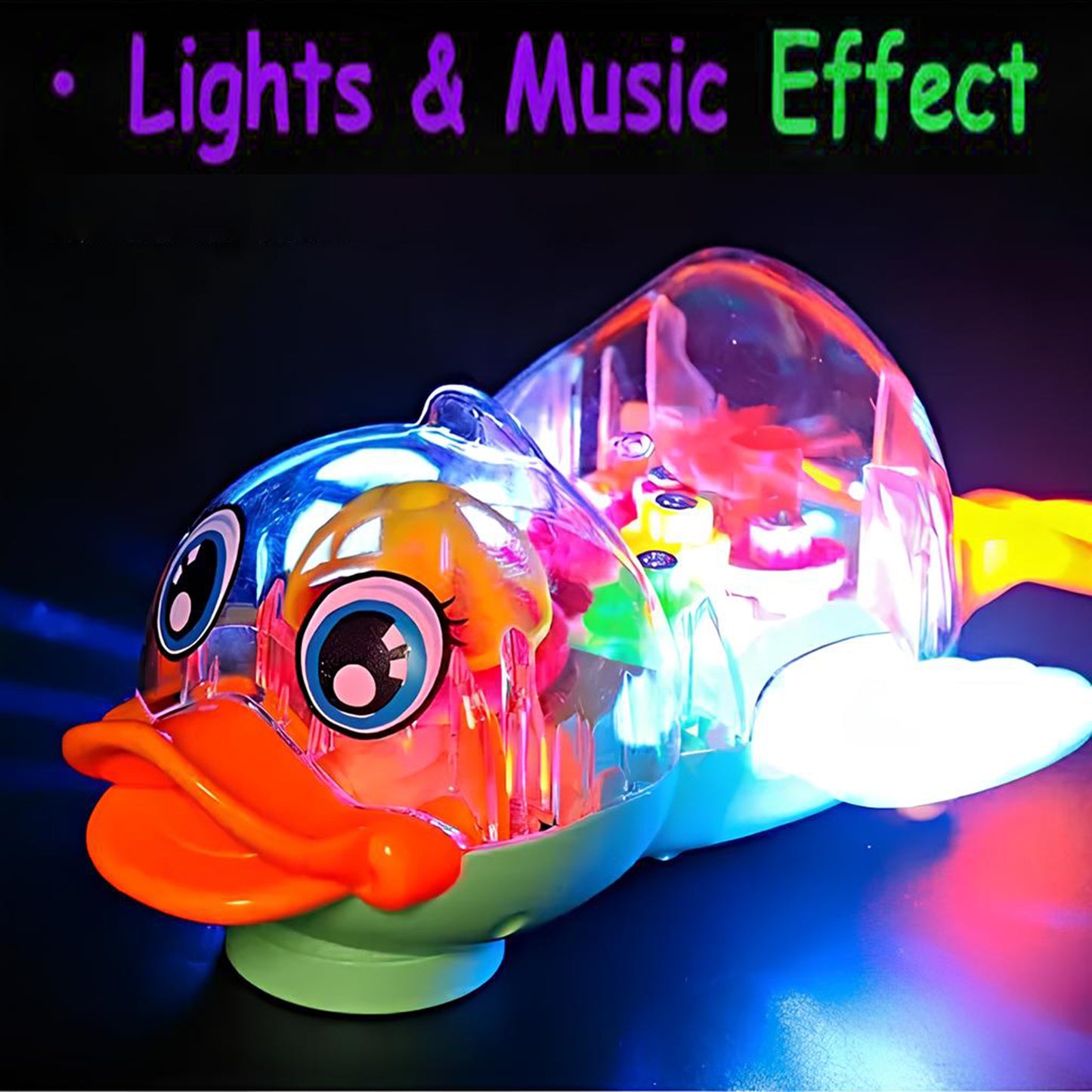 Colorful Duck Car Toy: Transparent Gear with Battery Power, Music and Lights