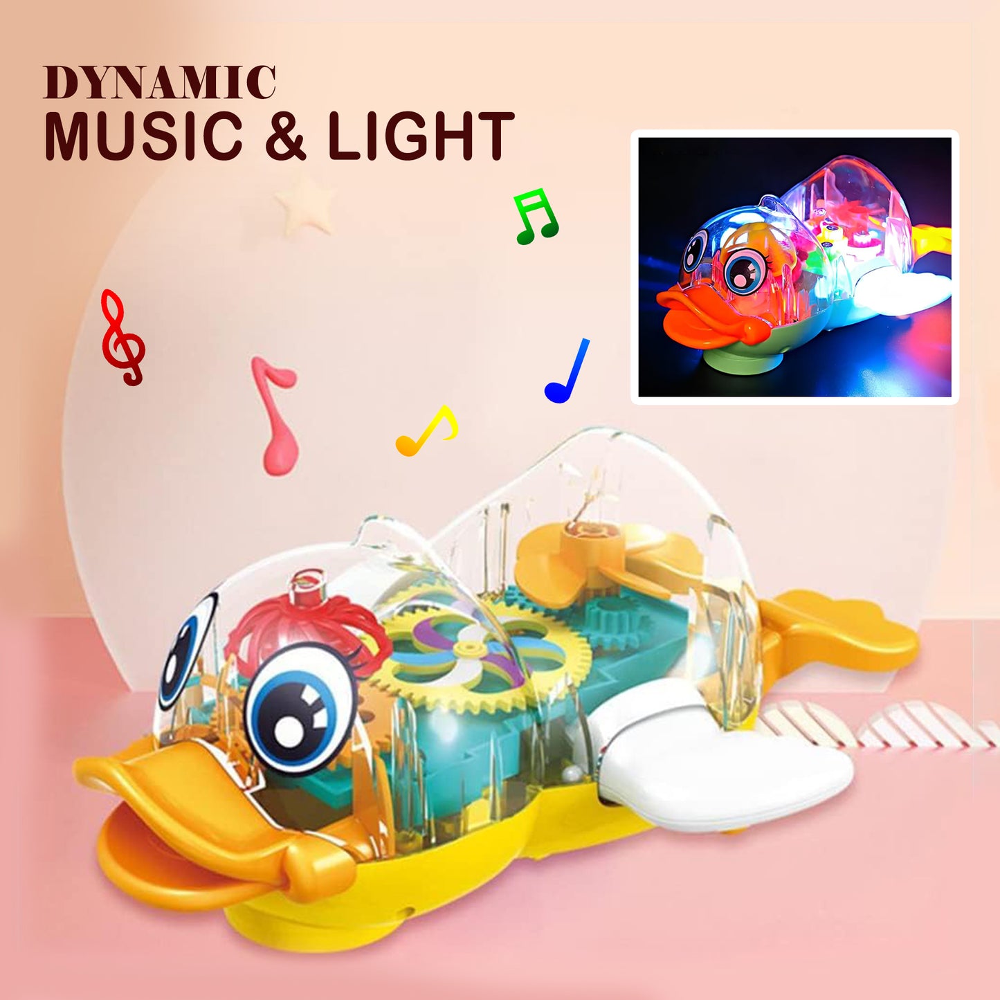 Colorful Duck Car Toy: Transparent Gear with Battery Power, Music and Lights